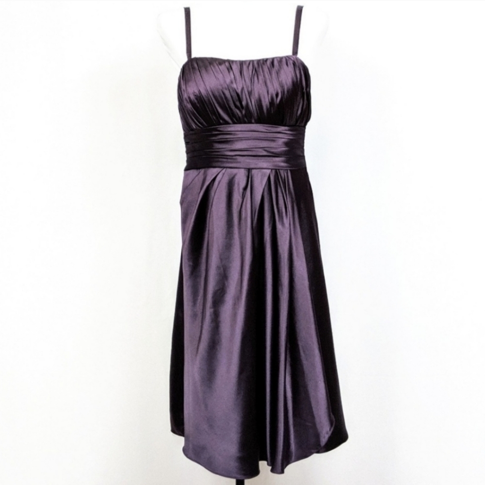 Bill Levkoff Formal Dress Midi Empire Waist Ruched Pleated Prom Wedding Purple 8
